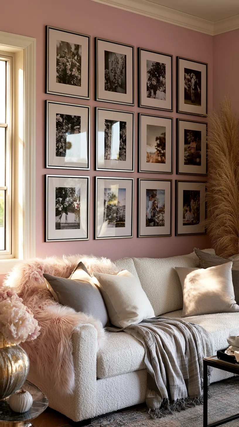 a framed photo grid on a wall in a pink living room, photo 1 of 1