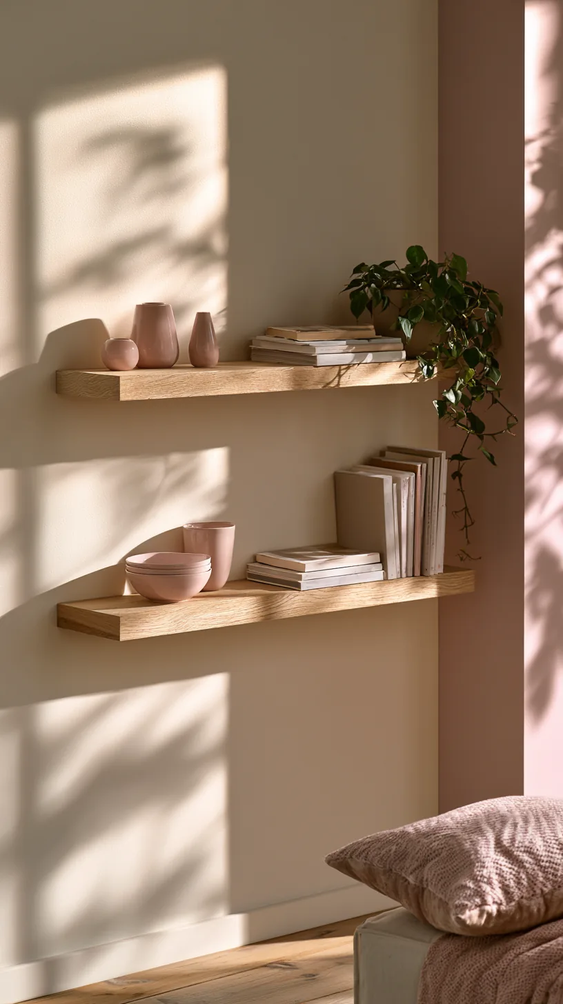 white floating shelves styled with pink accents in a living room, photo 1 of 4