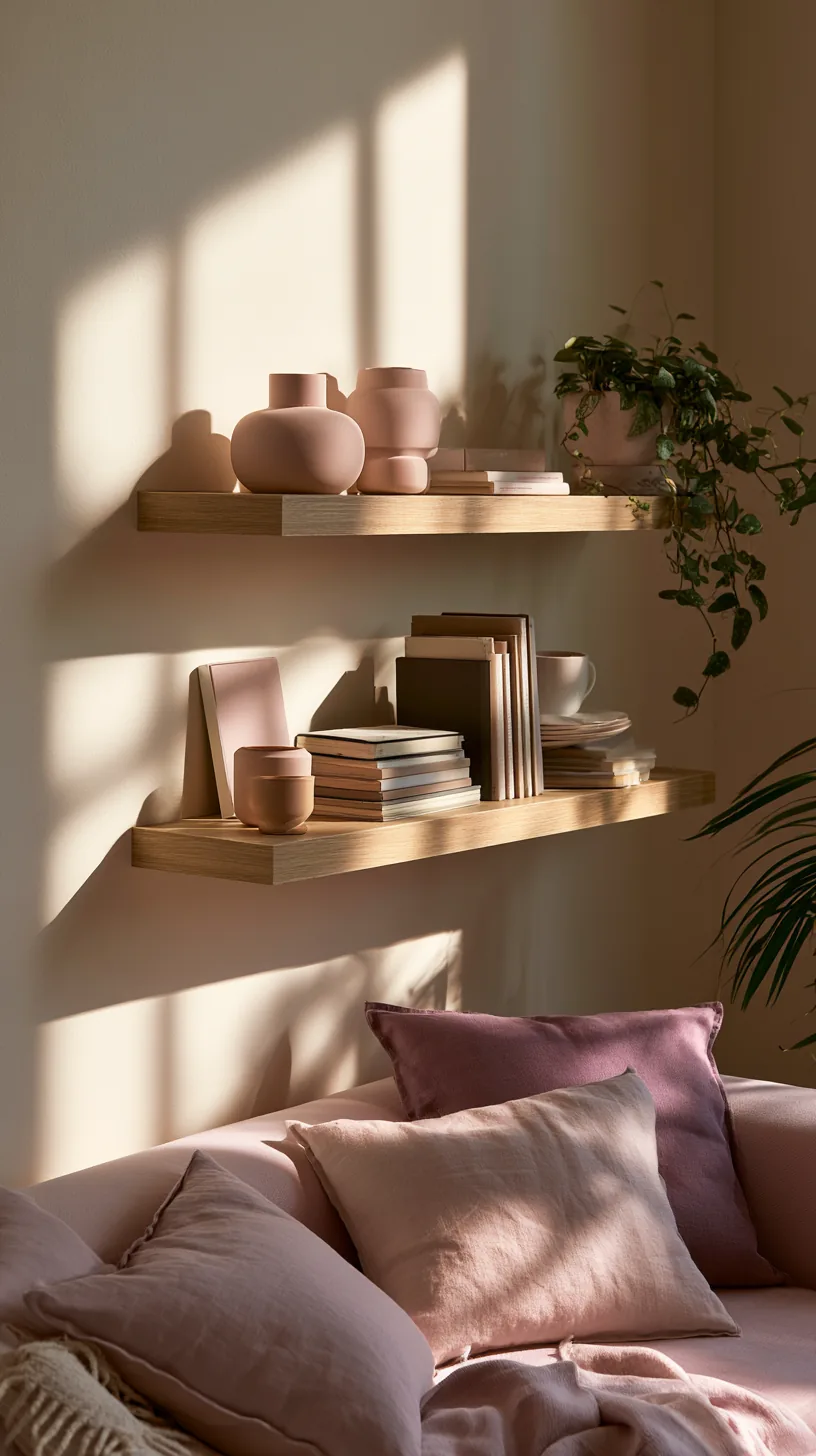 white floating shelves styled with pink accents in a living room, photo 2 of 4