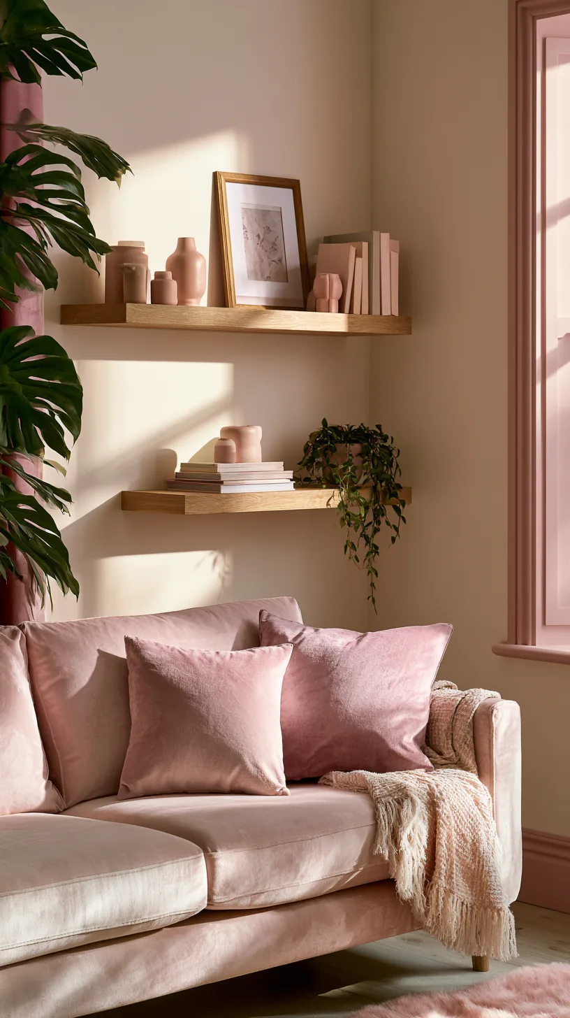 white floating shelves styled with pink accents in a living room, photo 3 of 4