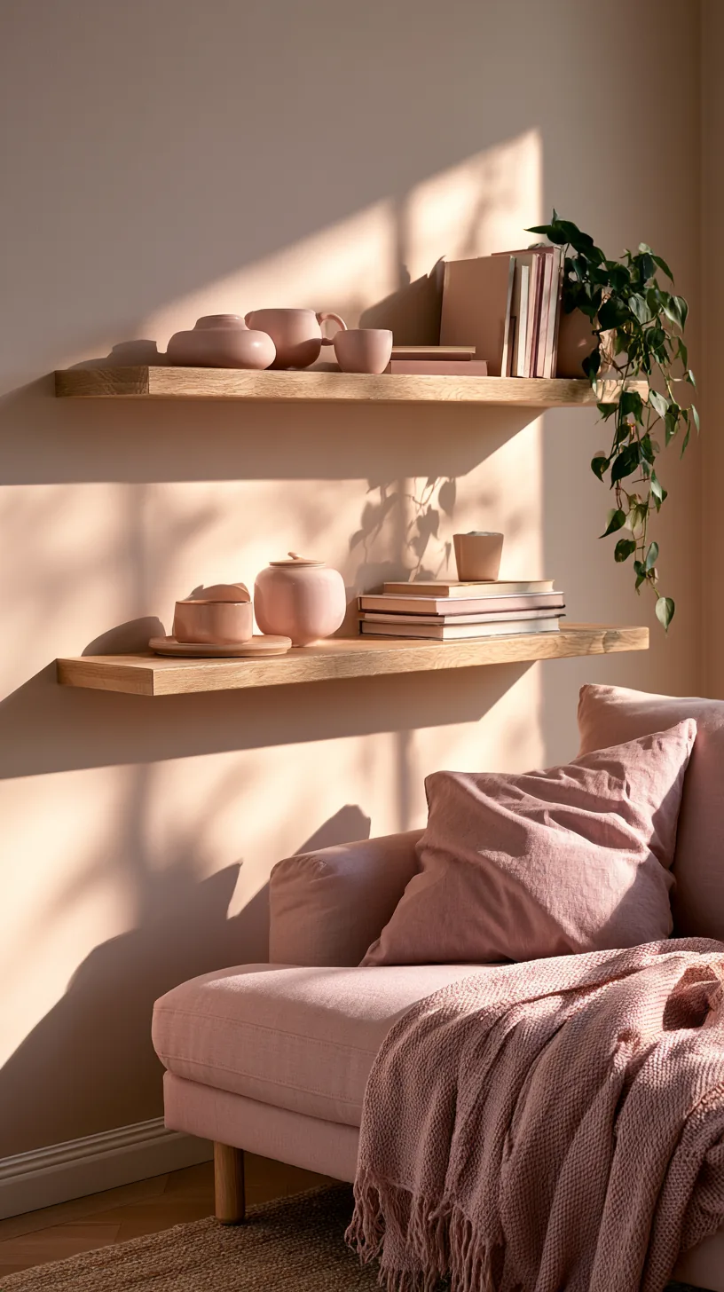 white floating shelves styled with pink accents in a living room, photo 4 of 4