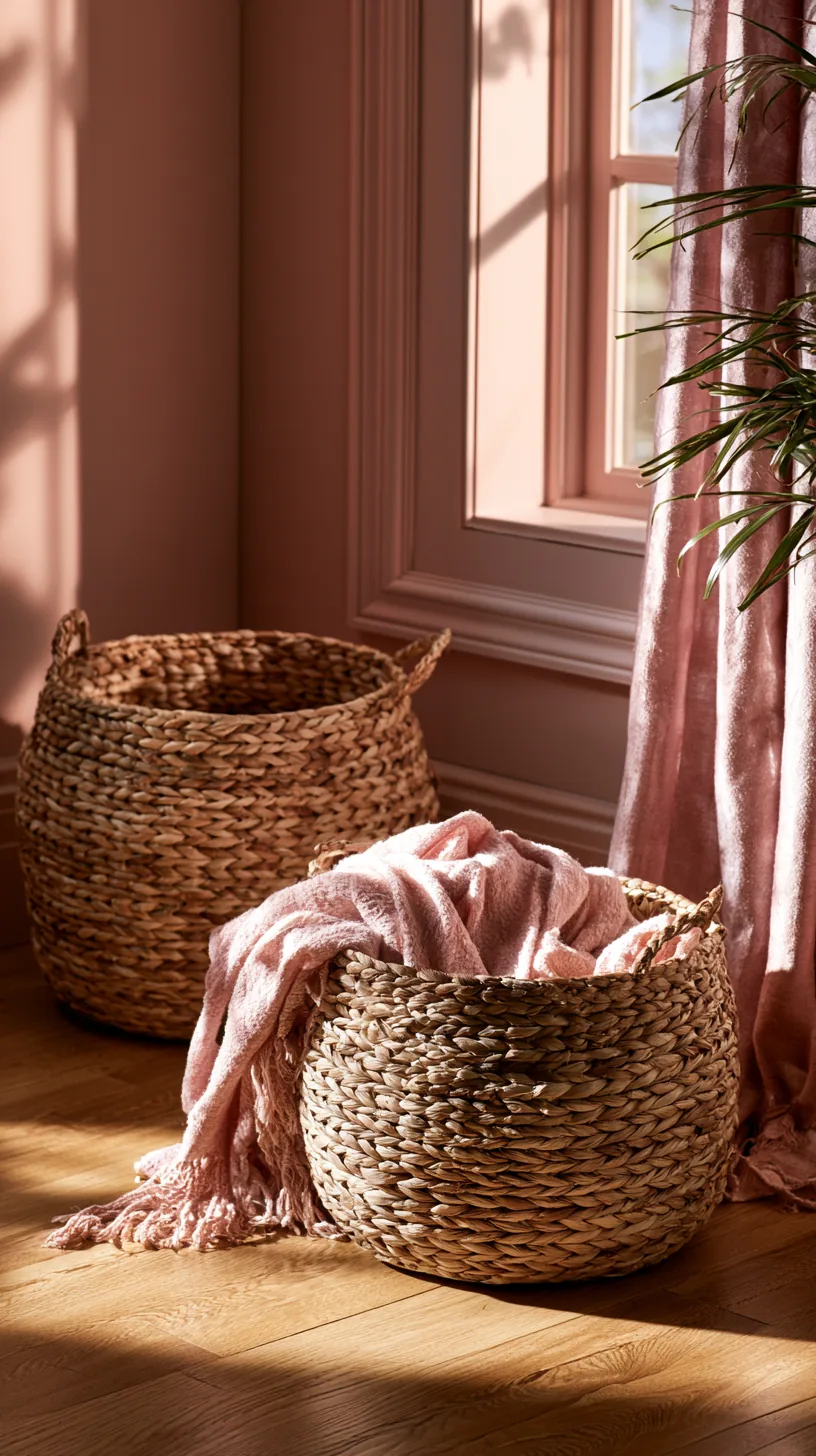 a cluster of woven baskets warming up a pink living room, photo 1 of 4