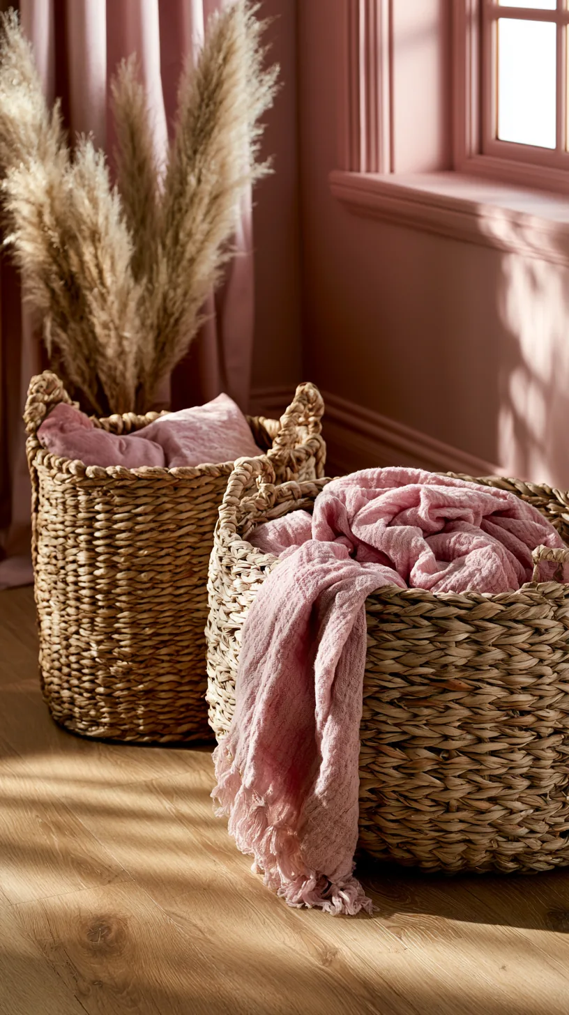 a cluster of woven baskets warming up a pink living room, photo 2 of 4