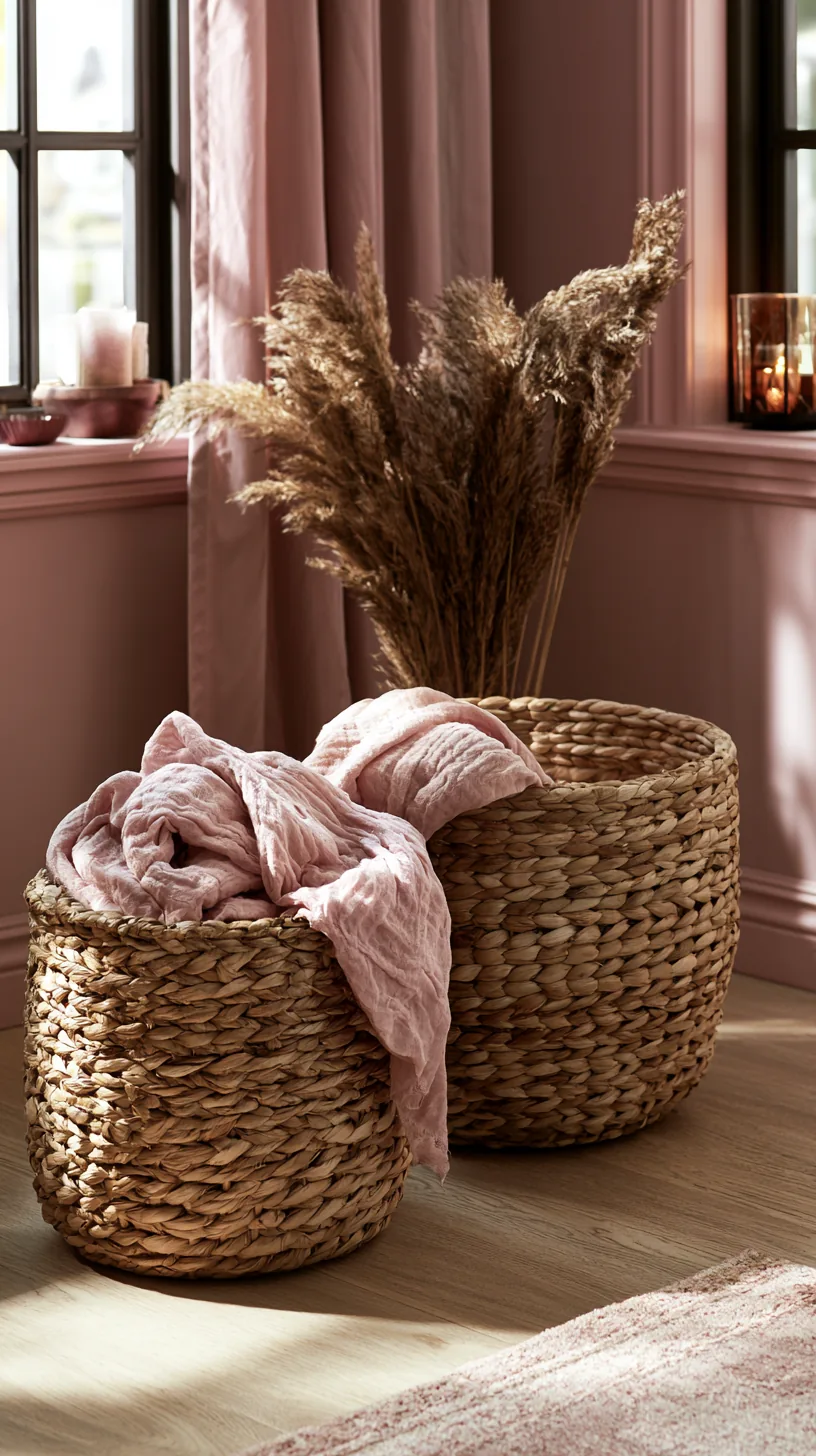 a cluster of woven baskets warming up a pink living room, photo 3 of 4
