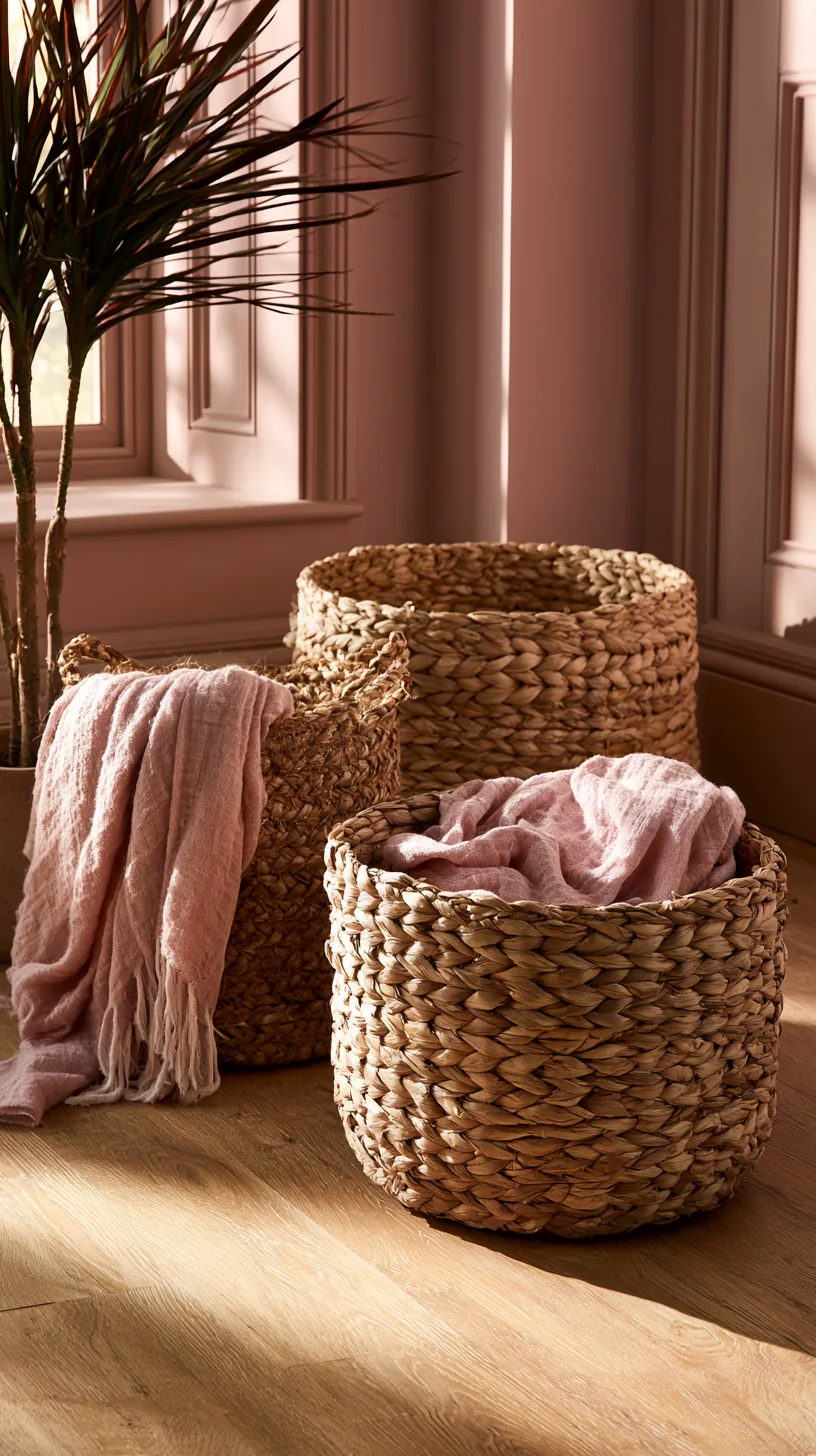 a cluster of woven baskets warming up a pink living room, photo 4 of 4