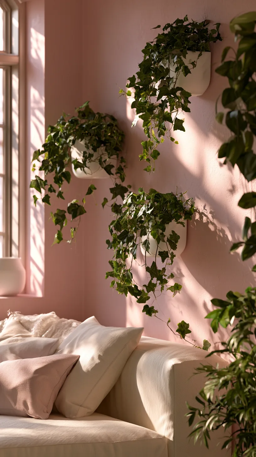wall mounted planters with trailing greenery in a pink living room, photo 1 of 3