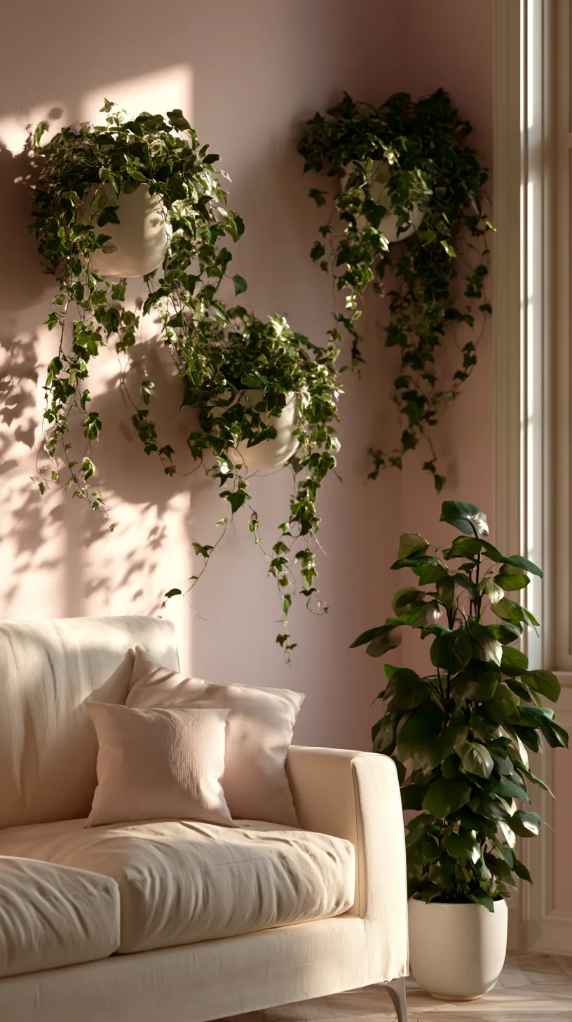 wall mounted planters with trailing greenery in a pink living room, photo 2 of 3