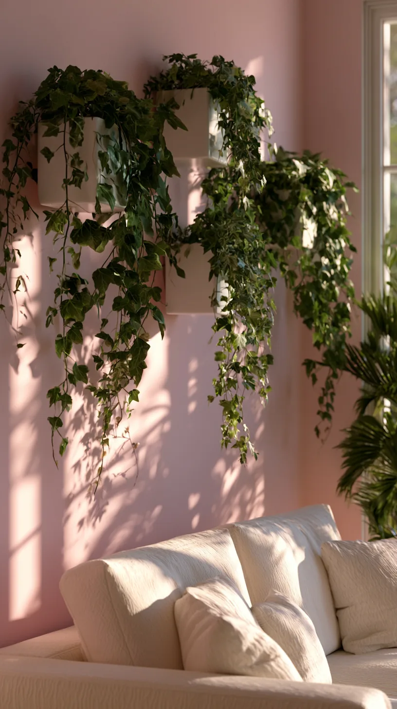 wall mounted planters with trailing greenery in a pink living room, photo 3 of 3