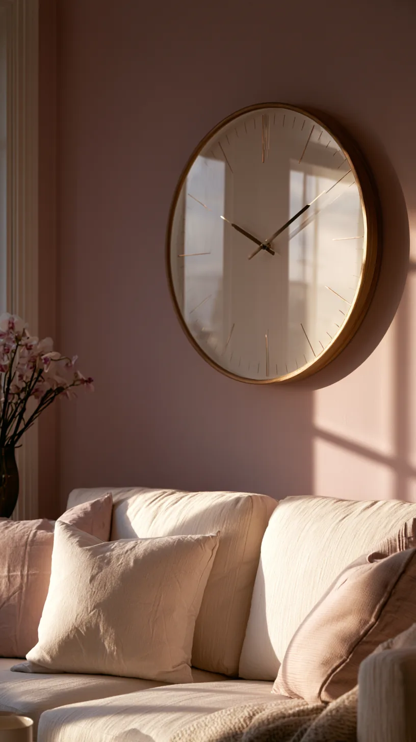 a large decorative wall clock anchoring a wall in a pink living room, photo 1 of 2