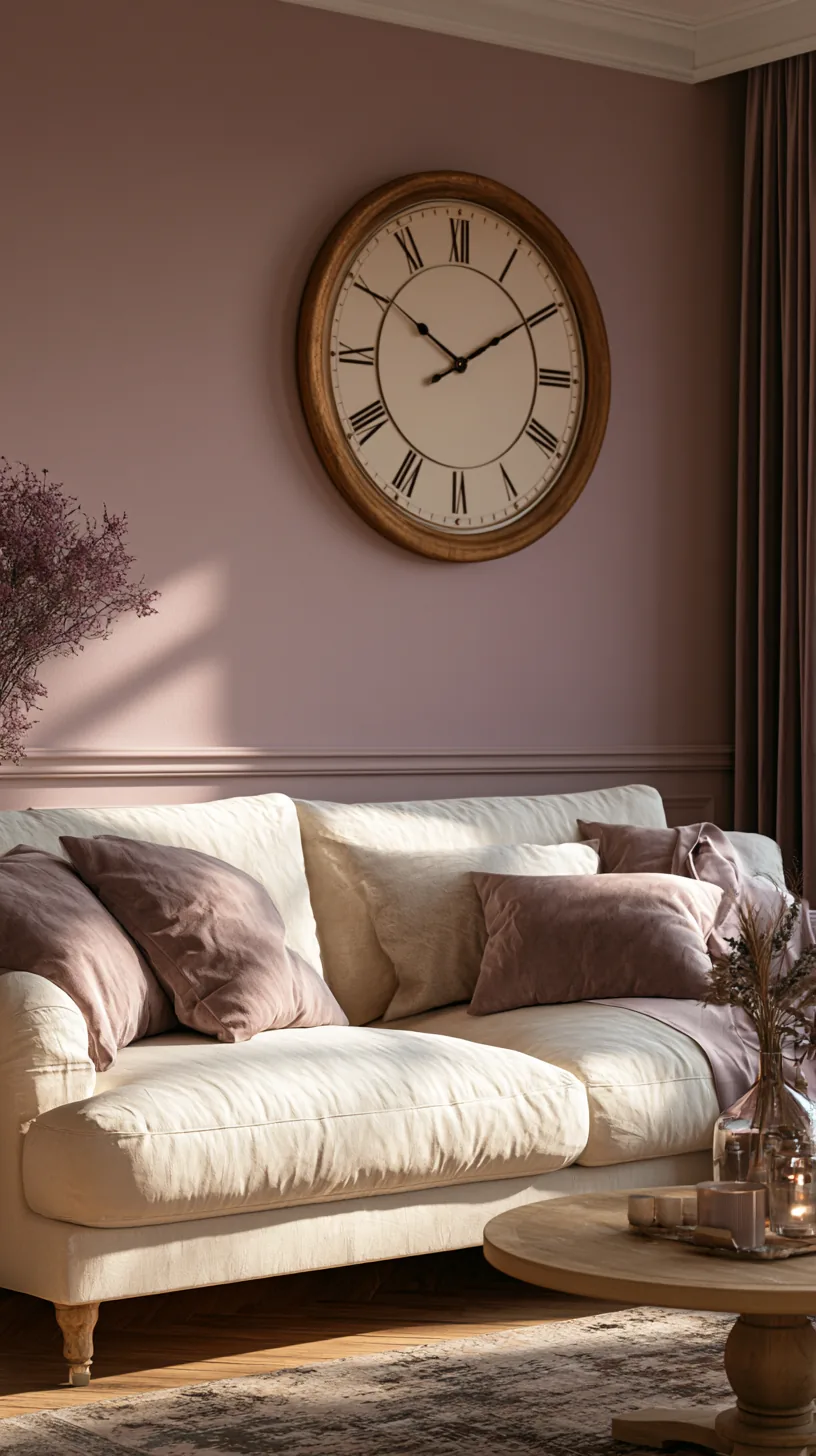 a large decorative wall clock anchoring a wall in a pink living room, photo 2 of 2