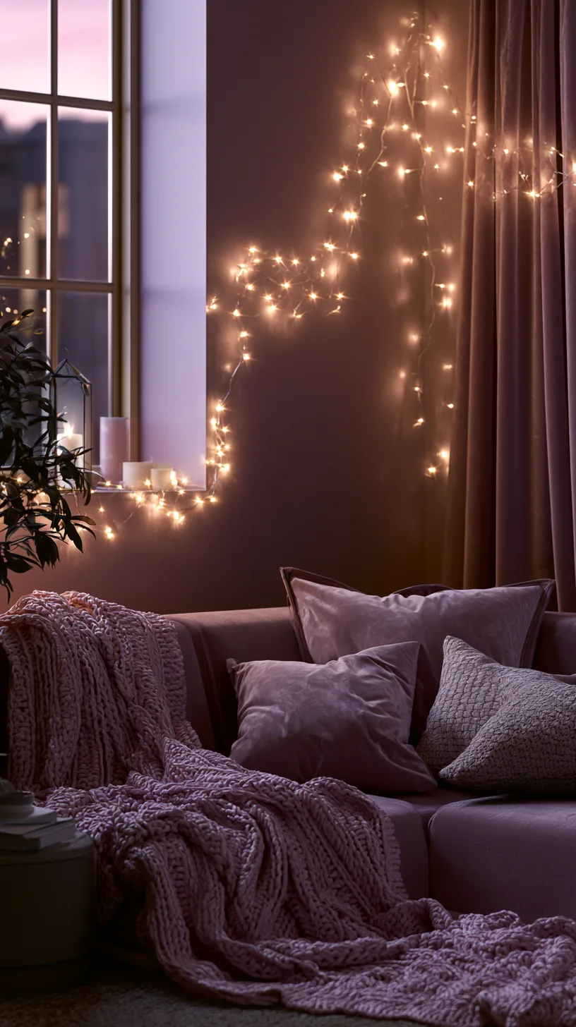 warm white string lights adding a soft glow to a pink living room, photo 1 of 4