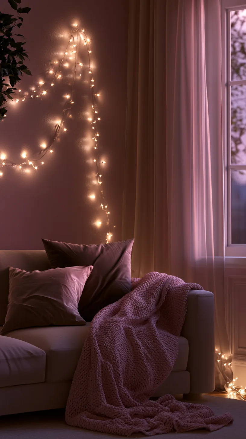 warm white string lights adding a soft glow to a pink living room, photo 2 of 4