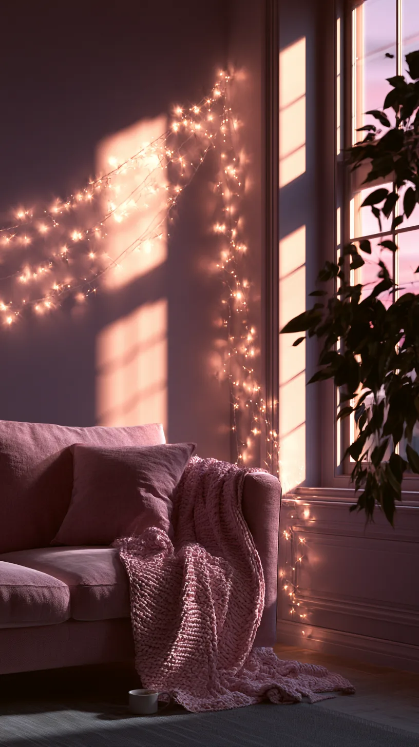 warm white string lights adding a soft glow to a pink living room, photo 3 of 4