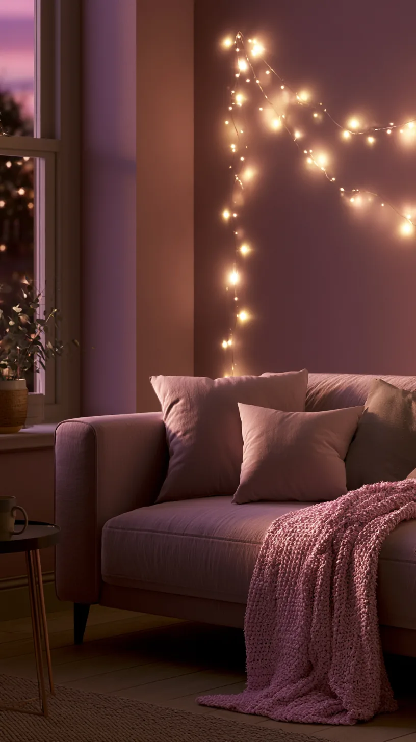 warm white string lights adding a soft glow to a pink living room, photo 4 of 4