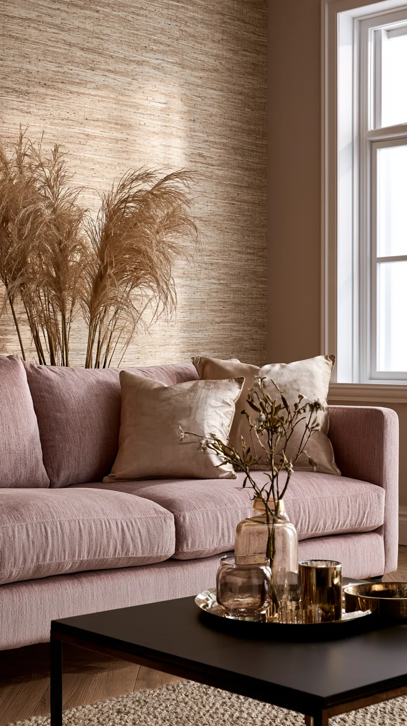 a framed grasscloth textured panel in a pink living room, photo 1 of 3