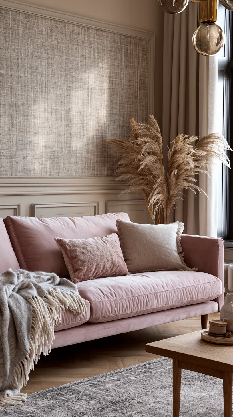 a framed grasscloth textured panel in a pink living room, photo 2 of 3
