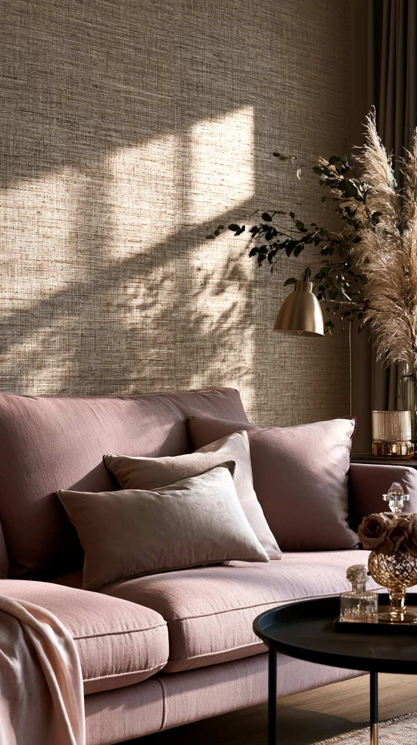 a framed grasscloth textured panel in a pink living room, photo 3 of 3