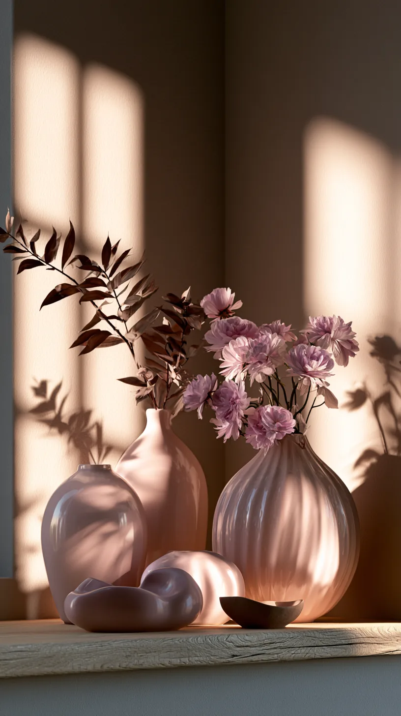 pink ceramics and sculptural objects styled on a shelf in a pink living room, photo 1 of 4