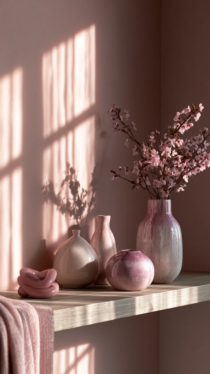 pink ceramics and sculptural objects styled on a shelf in a pink living room, photo 2 of 4
