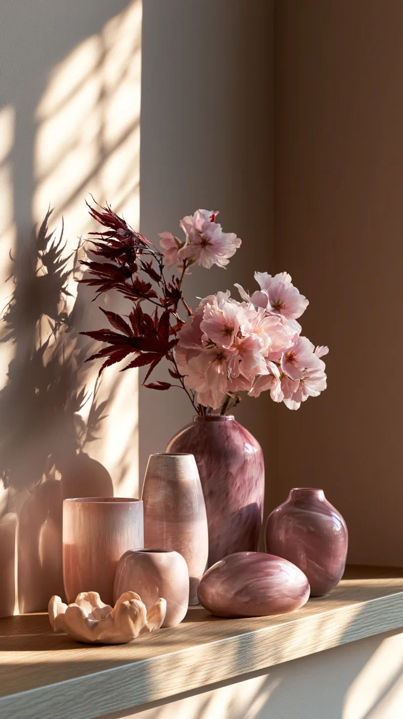 pink ceramics and sculptural objects styled on a shelf in a pink living room, photo 3 of 4