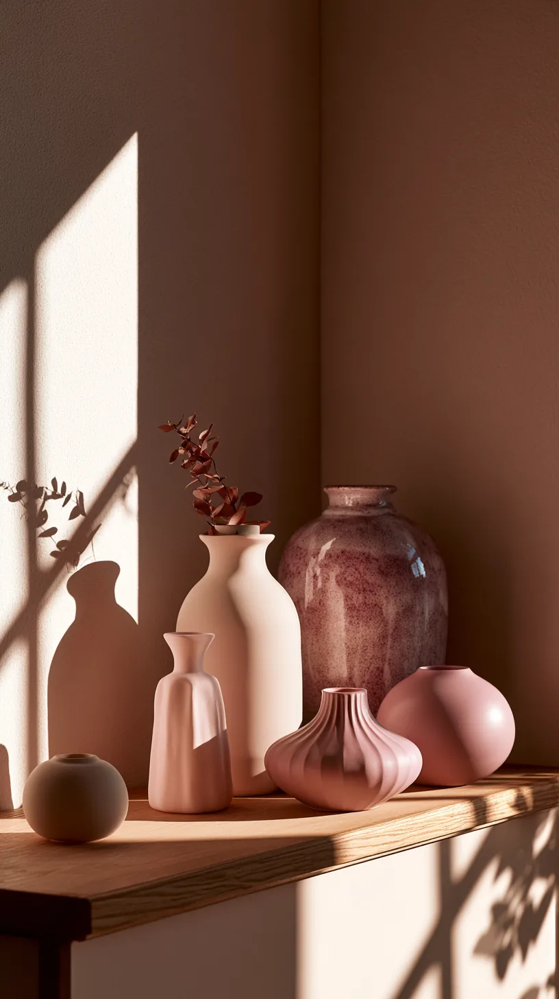 pink ceramics and sculptural objects styled on a shelf in a pink living room, photo 4 of 4
