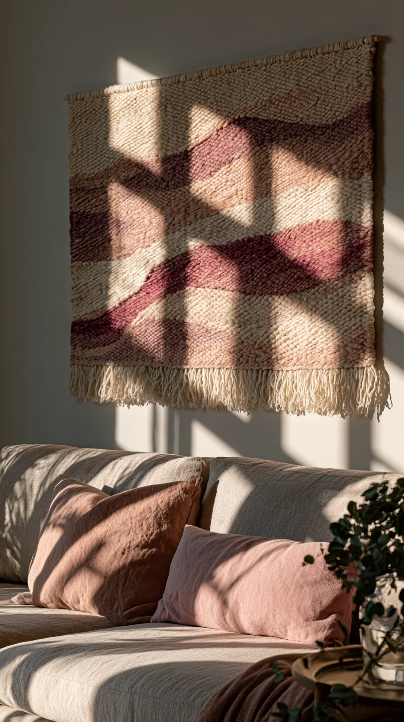 a woven textile wall hanging softening a pink living room, photo 1 of 3