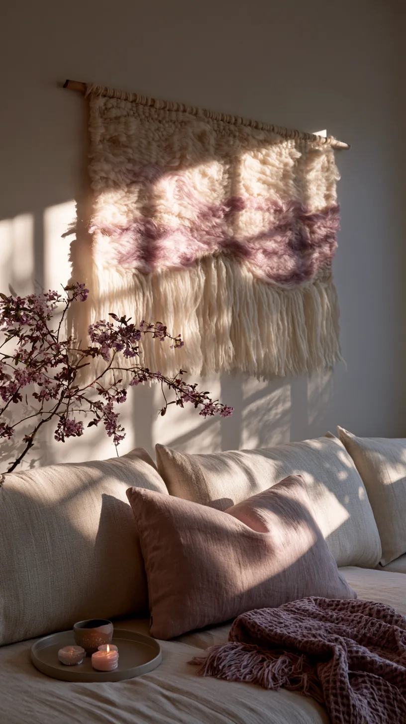 a woven textile wall hanging softening a pink living room, photo 2 of 3