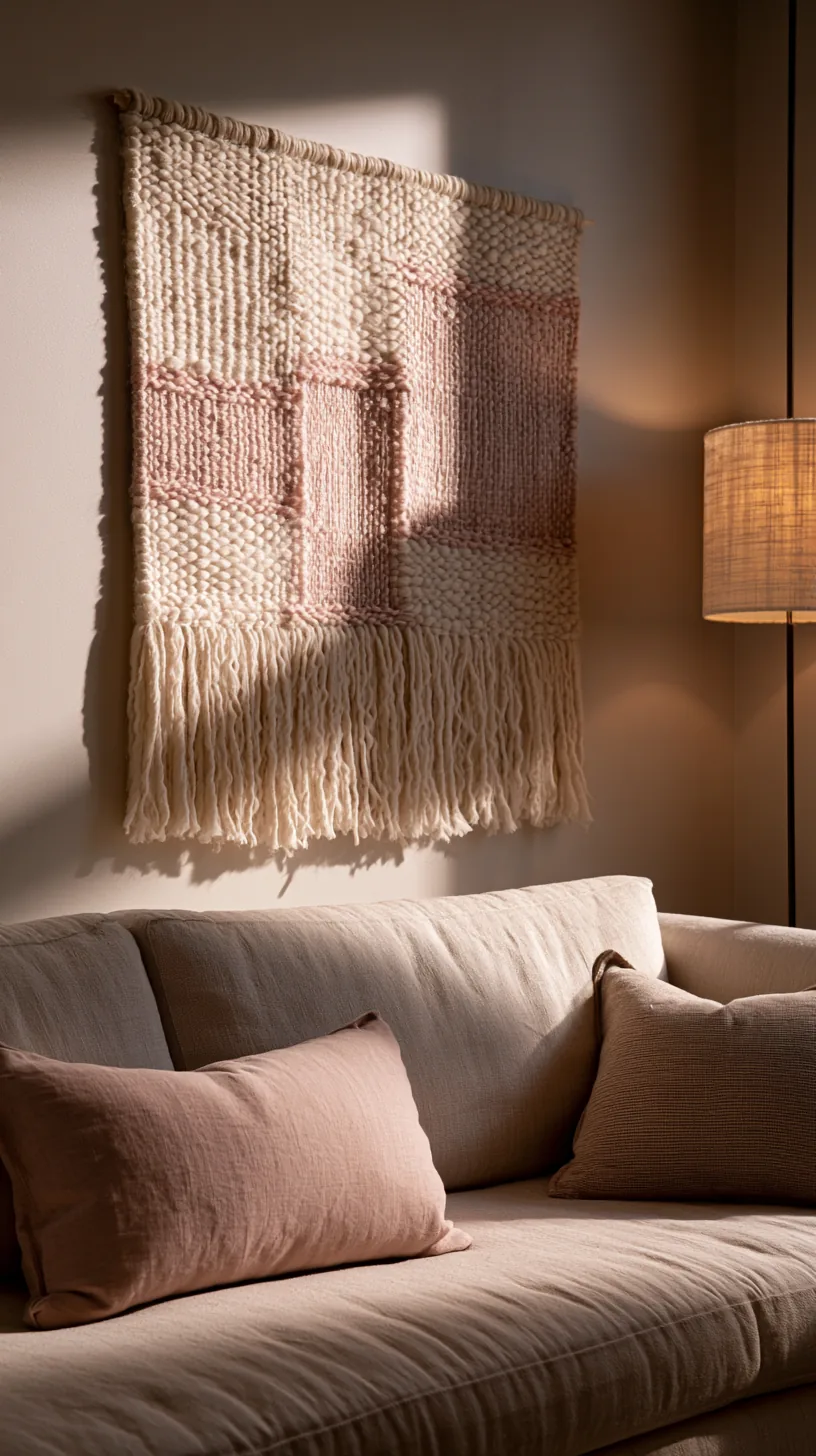 a woven textile wall hanging softening a pink living room, photo 3 of 3