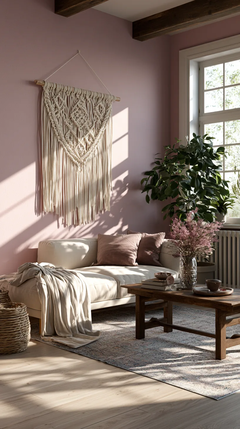 a cream macrame wall hanging in a pink living room, photo 1 of 4