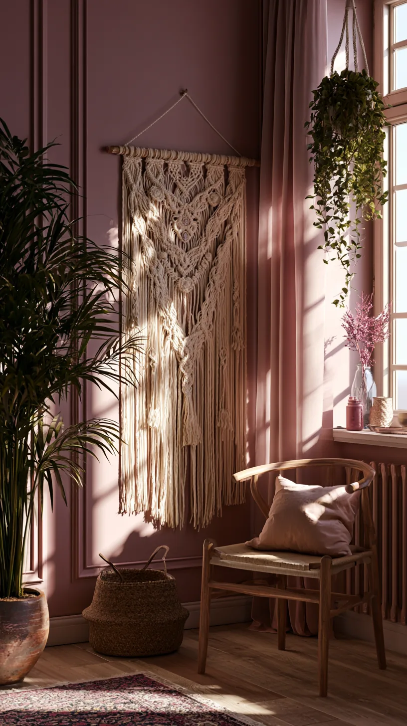 a cream macrame wall hanging in a pink living room, photo 2 of 4