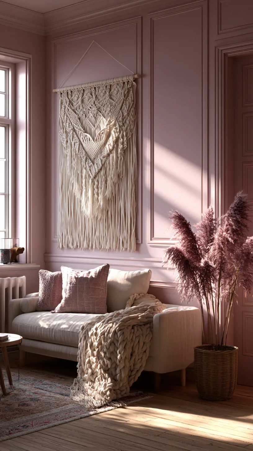 a cream macrame wall hanging in a pink living room, photo 3 of 4