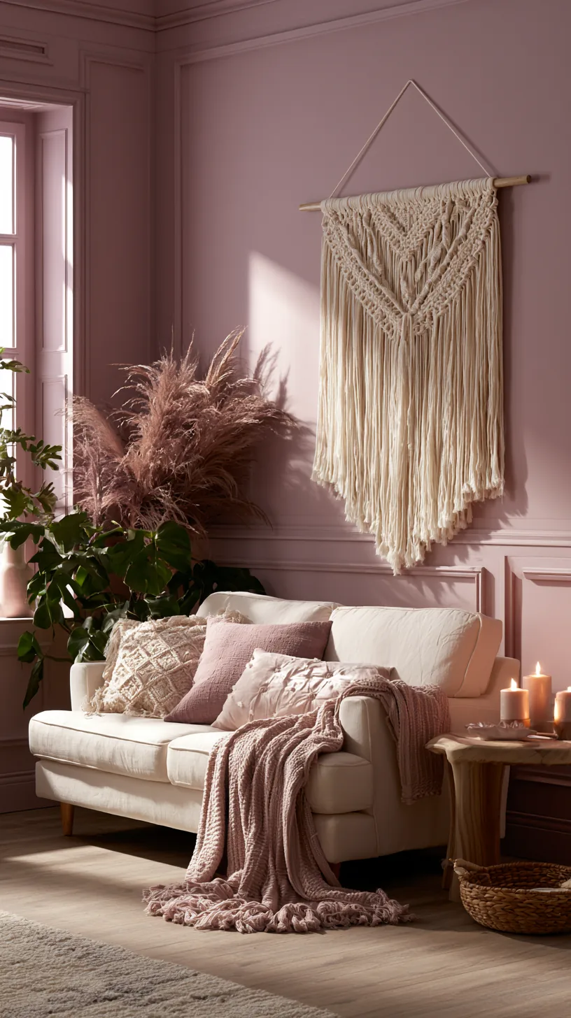 a cream macrame wall hanging in a pink living room, photo 4 of 4