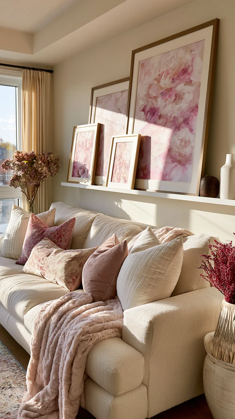 a picture ledge with leaning pink art in a living room, photo 1 of 3