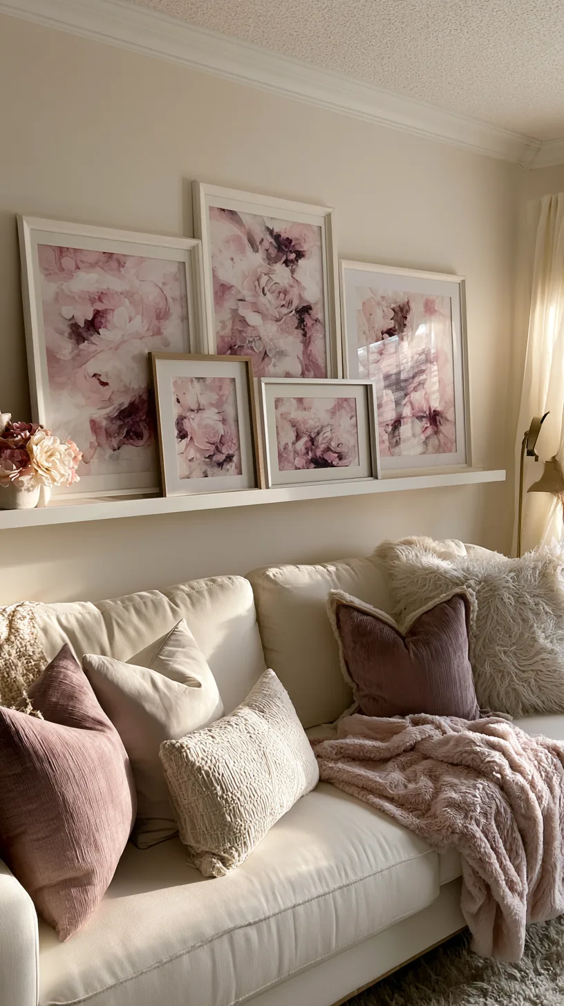 a picture ledge with leaning pink art in a living room, photo 2 of 3