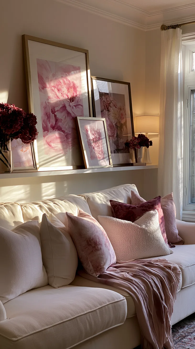 a picture ledge with leaning pink art in a living room, photo 3 of 3