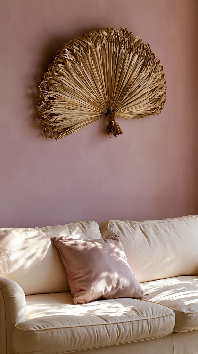 a woven fan wall piece adding texture to a pink living room, photo 1 of 2