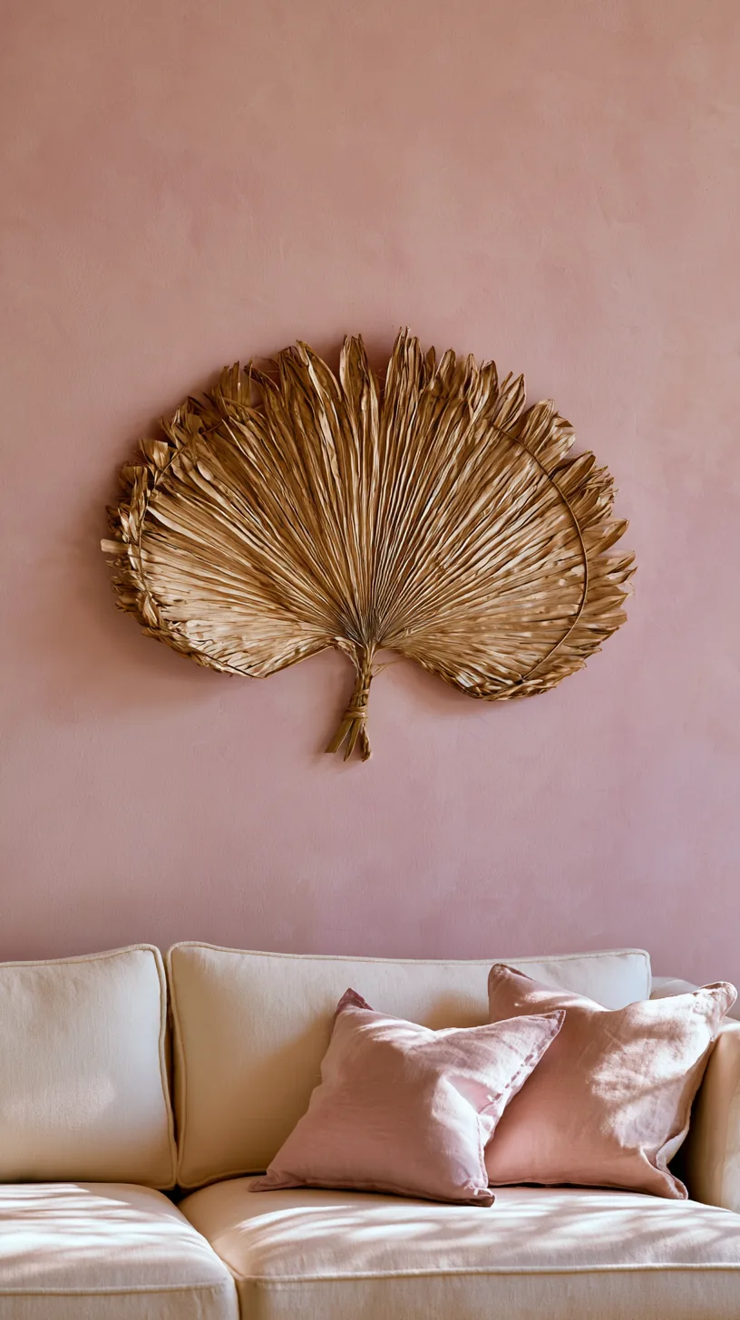 a woven fan wall piece adding texture to a pink living room, photo 2 of 2