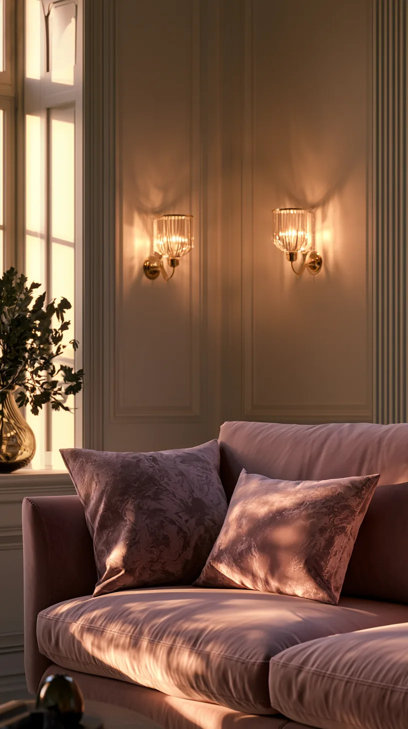 a pair of warm wall sconces framing a sofa in a pink living room, photo 1 of 3
