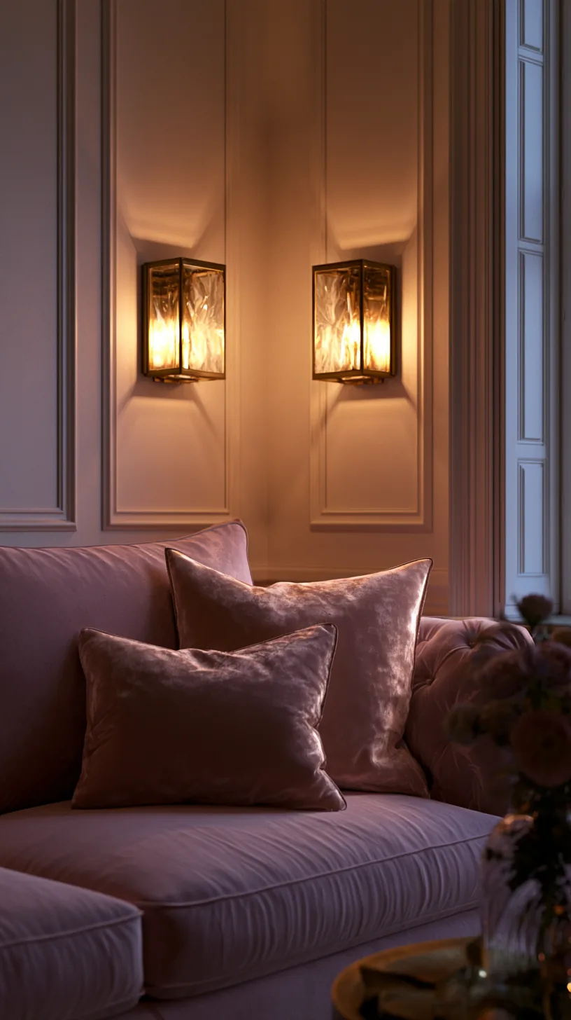 a pair of warm wall sconces framing a sofa in a pink living room, photo 2 of 3