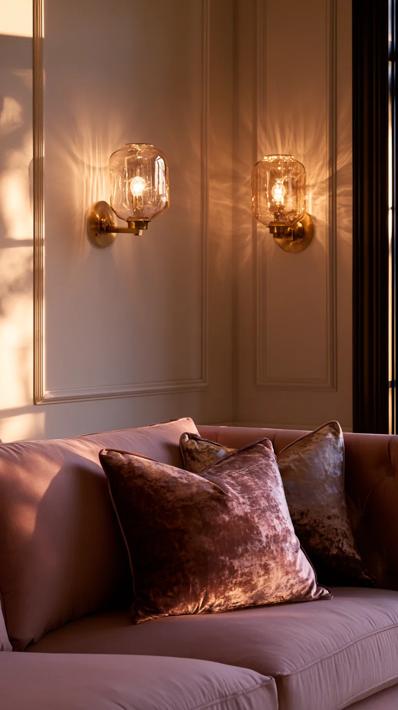 a pair of warm wall sconces framing a sofa in a pink living room, photo 3 of 3