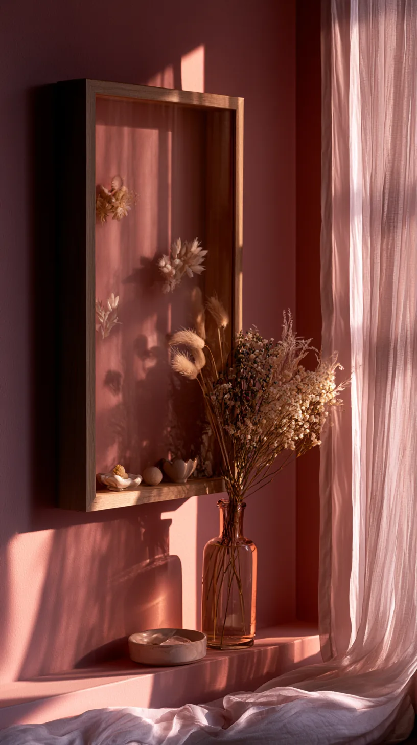 a shadow box vignette of keepsakes in a pink living room, photo 1 of 4