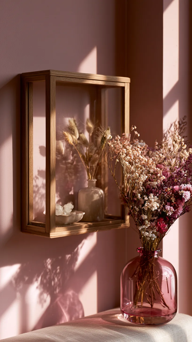 a shadow box vignette of keepsakes in a pink living room, photo 2 of 4