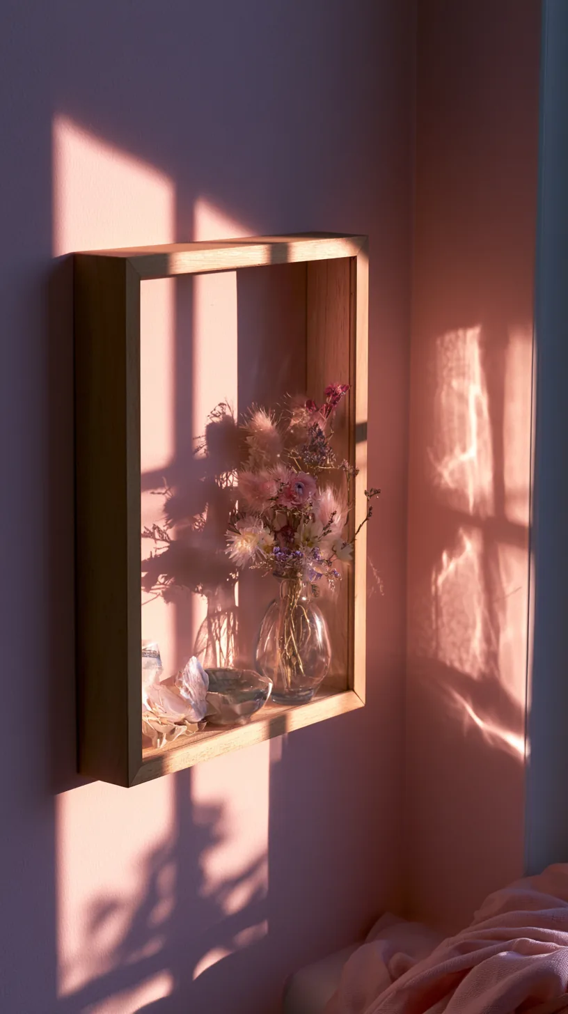 a shadow box vignette of keepsakes in a pink living room, photo 3 of 4