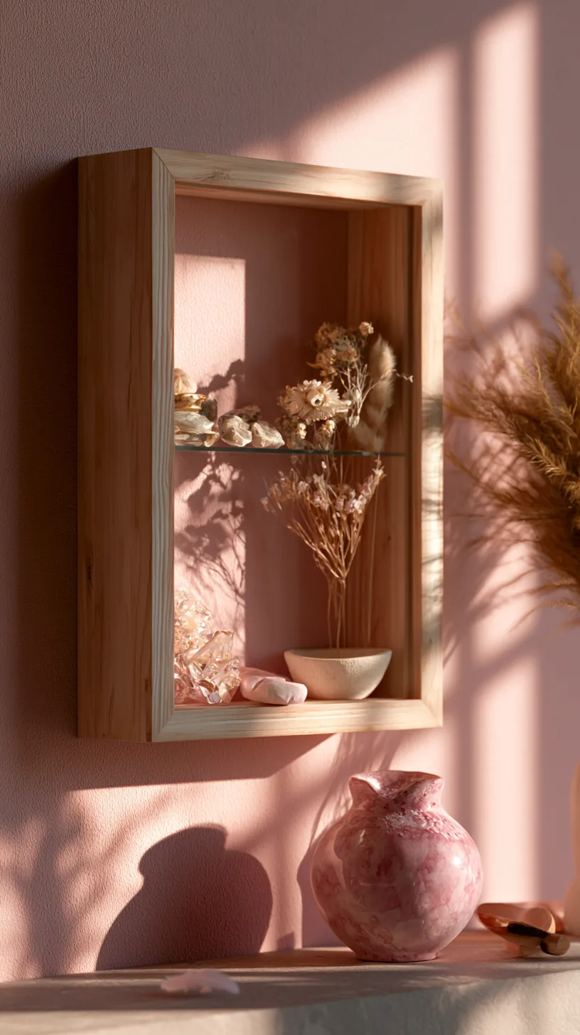 a shadow box vignette of keepsakes in a pink living room, photo 4 of 4