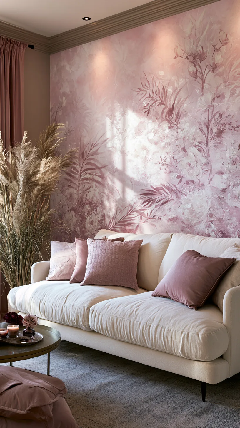 a soft pink peel and stick mural on a pink living room accent wall, photo 1 of 3
