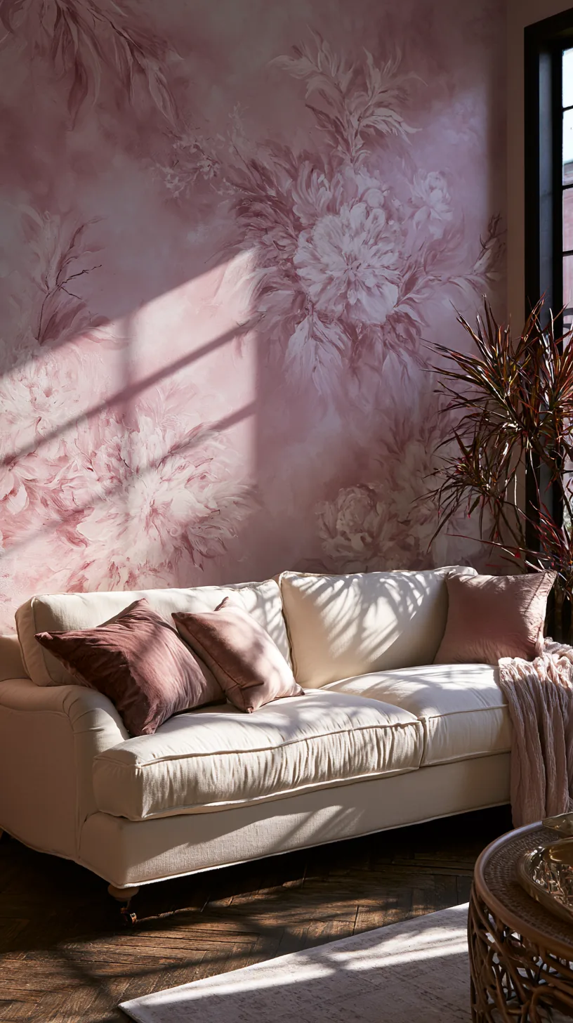 a soft pink peel and stick mural on a pink living room accent wall, photo 2 of 3