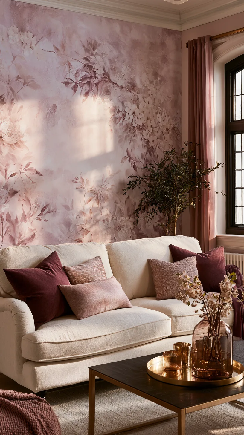 a soft pink peel and stick mural on a pink living room accent wall, photo 3 of 3