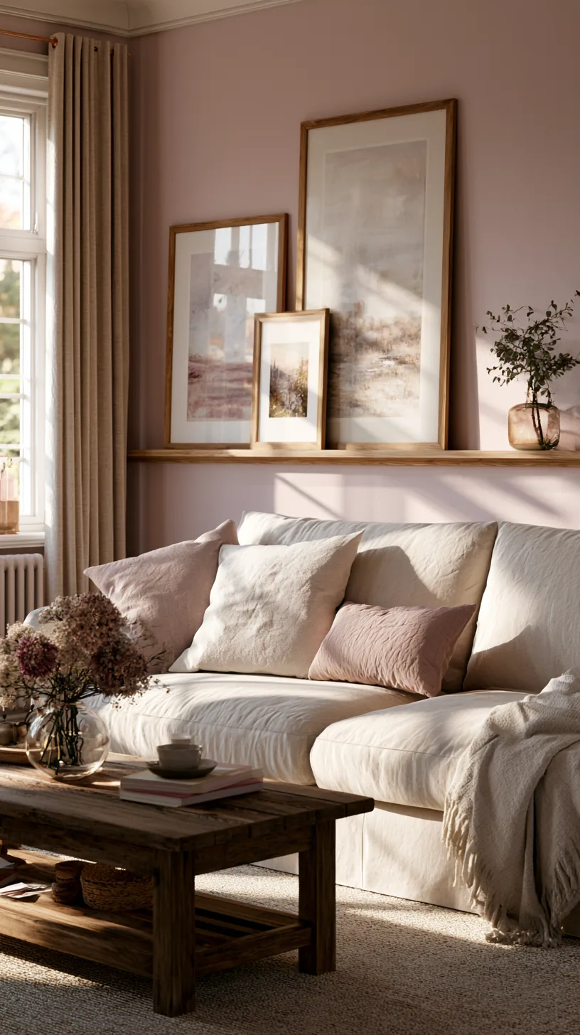 a picture rail holding rotating pink art in a living room, photo 1 of 3