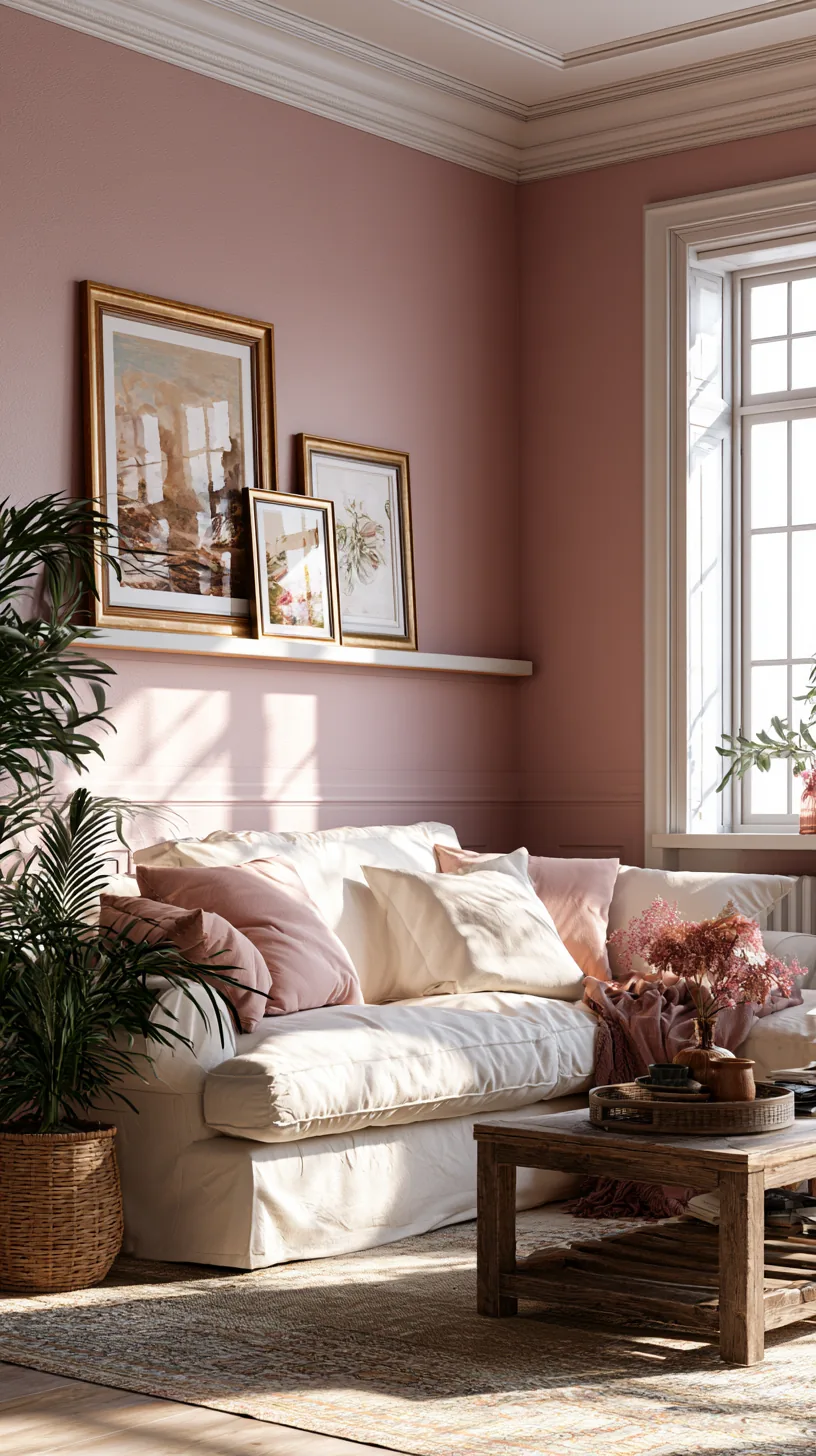 a picture rail holding rotating pink art in a living room, photo 2 of 3