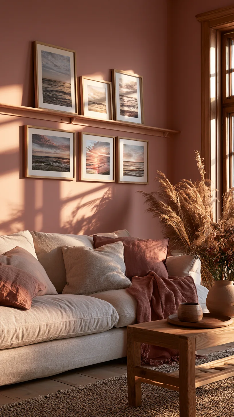 a picture rail holding rotating pink art in a living room, photo 3 of 3